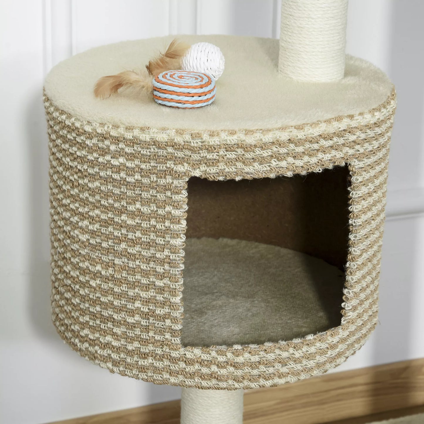 Kaķu koks, skrāpējamais stabs, kāpšanas koks, mīkstas skatu platformas, bēšas un kafijas krāsas, skaidu plātne, plīša, džutas, 61x41x96 cm