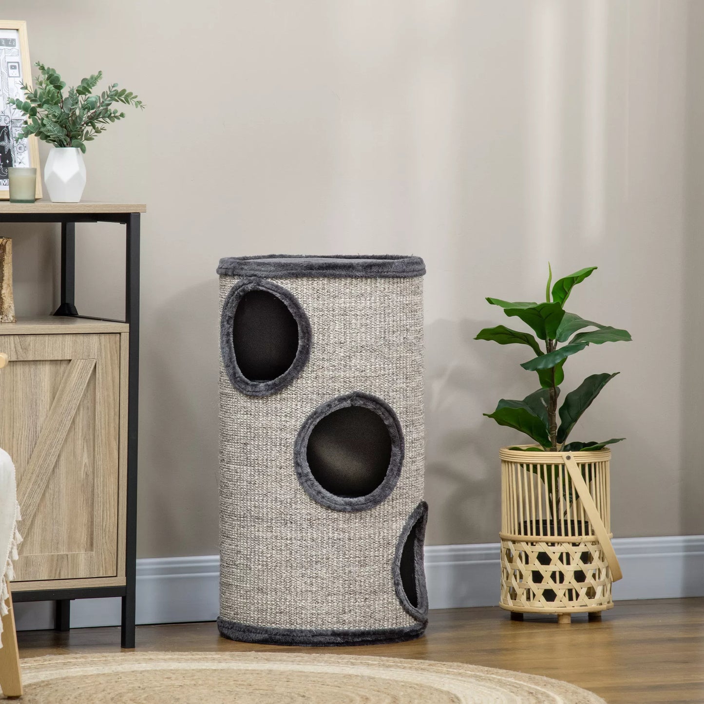 Draskomasis bokštas su 3 lygiais, su draskomuoju paviršiumi iš sizalio virvės, katėms, 38 cm x 38 cm x 70 cm, Pilkos spalvos