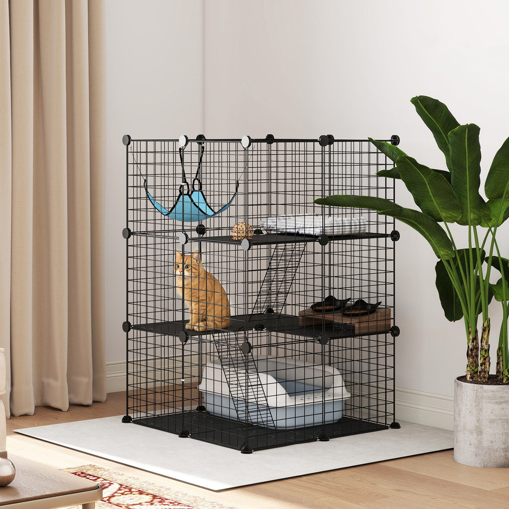 Narvas katėms 70x70x105 cm, modulinis, su platformomis, kopėtėlėmis ir hamaku, kačiukams iki 4 kg, juodas