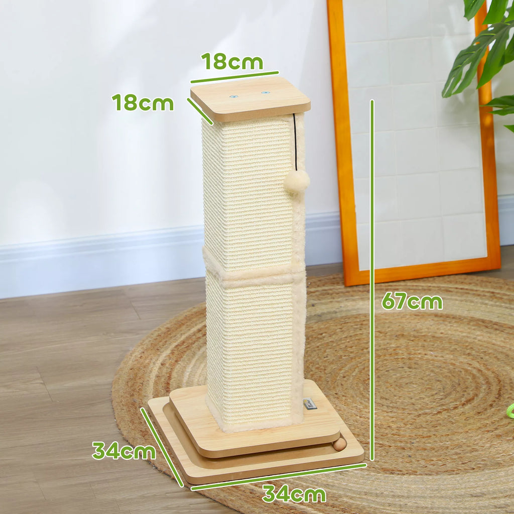 3-in-1 draskyklė su žaidimų bėgeliu, žaidimų kamuoliuku, sisalu, iki 5 kg, 34 x 34 x 67 cm, ąžuolas/kreminė