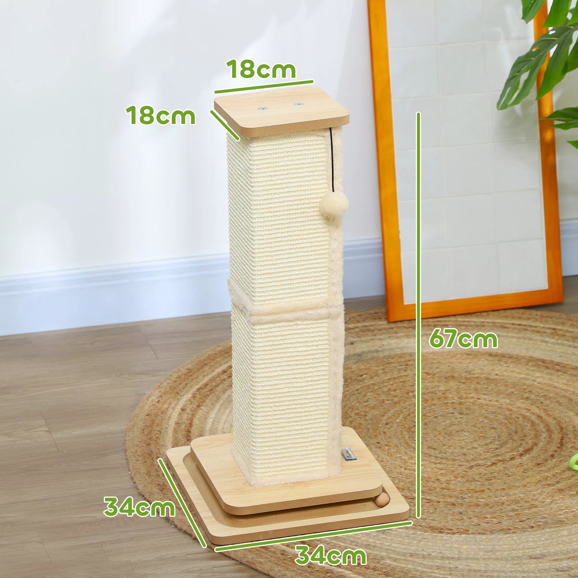 3-vienā skrāpējamais stabs ar rotaļu sliedi, rotaļu bumba, sizala koks, līdz 5 kg, 34 x 34 x 67 cm, ozols/krēmkrāsa