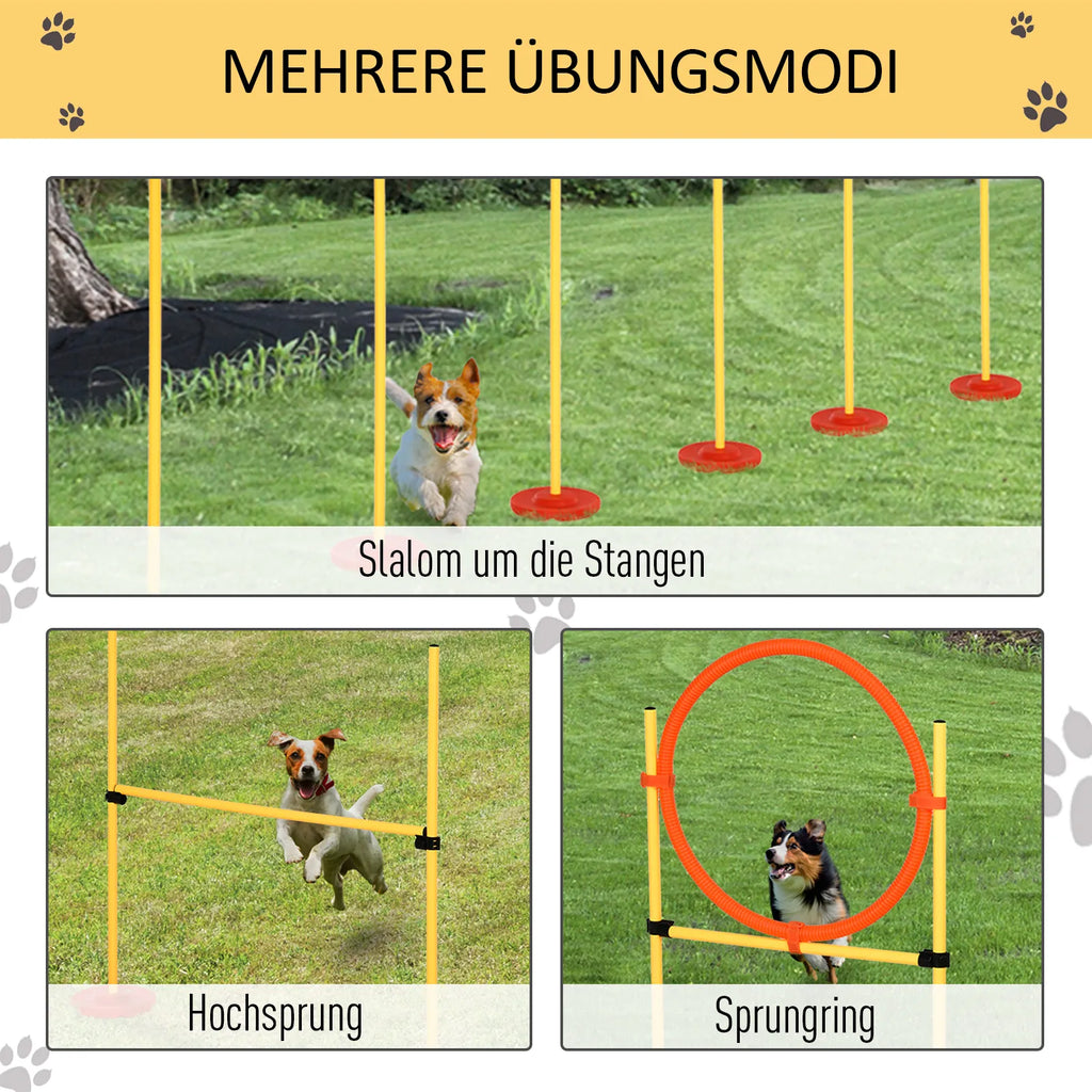 Agility rinkinys šunims, 3 dalių dresūros įranga šunims, vertikalus barjerų rinkinys su 6 slalomo kartimis, reguliuojamo aukščio barjerais, šuolių lanku, transportavimo krepšiu – Agility rinkinys žaidimams ir dresūrai