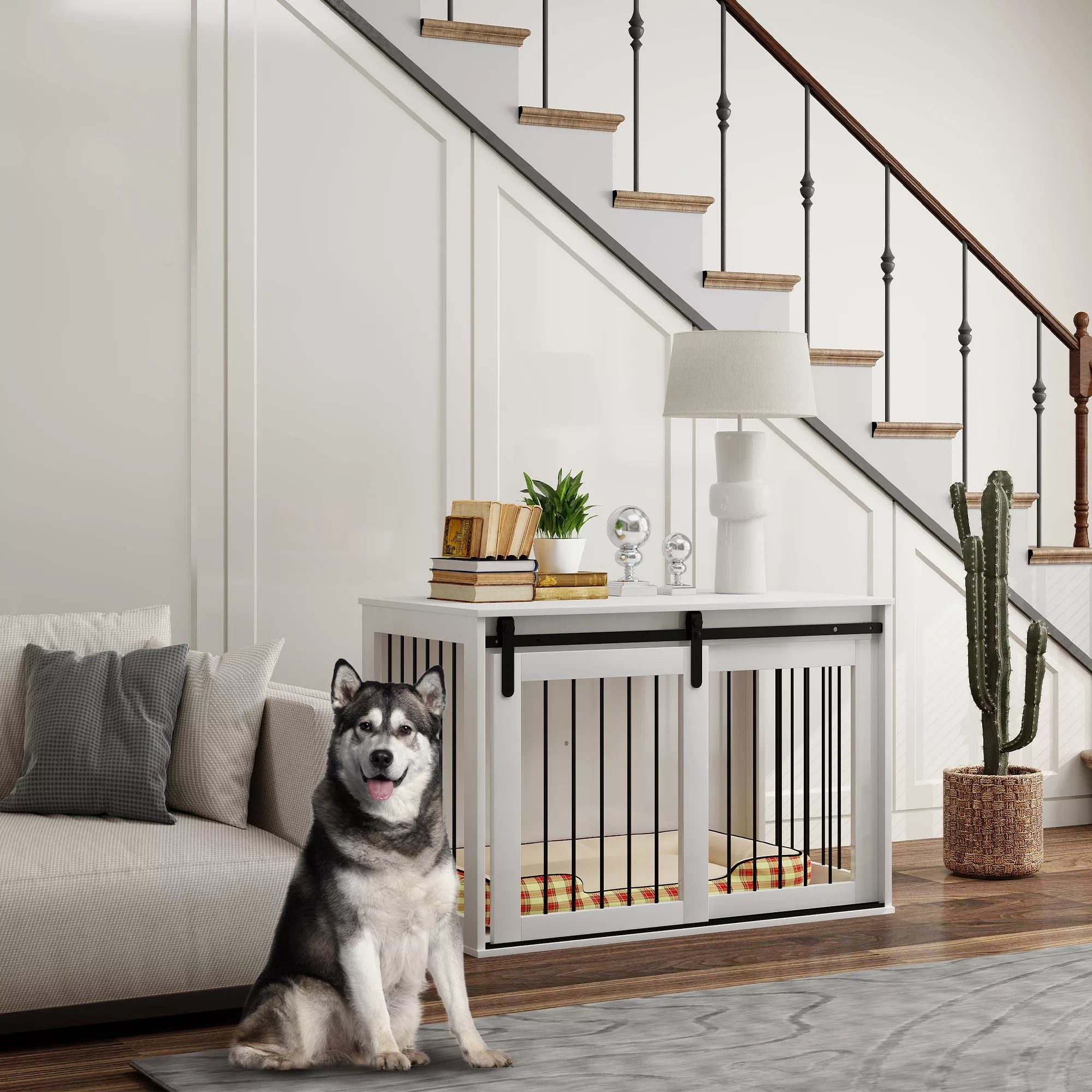 Suņu būris ar bīdāmām durvīm, ventilāciju, skaidu plātne un tērauds, 98 x 58 x 61 cm, valrieksta krāsā.