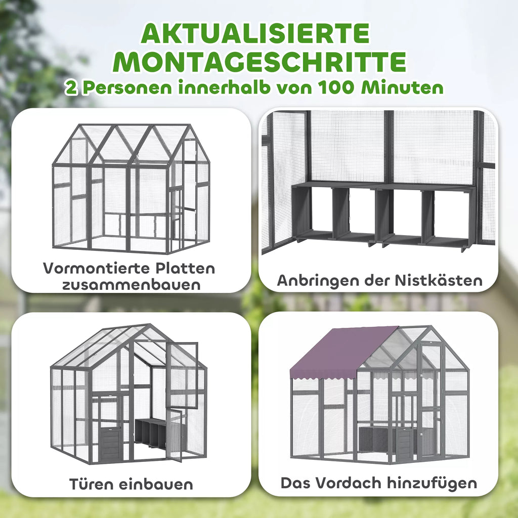 Vistu kūts un aploks ar ūdensnecaurlaidīgu jumtu, 2 ligzdošanas kastēm, 2 atbalsta stabiem, 6-8 vistām, aptuveni 1,7 x 1,8 x 1,8 m