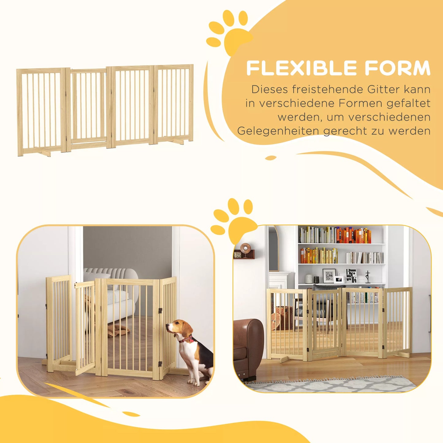 Freestanding folding dog fence with door and supports, wooden frame, 220x36x91cm