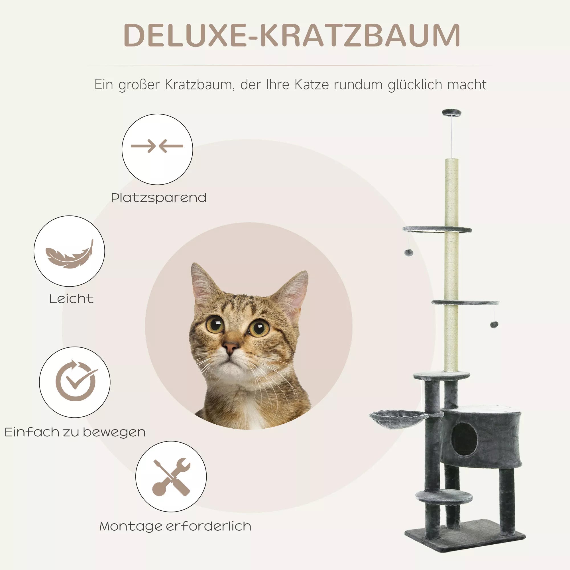 Kaķu māja no grīdas līdz griestiem 220-265 cm, ar rotaļlietām, gultu, šūpuļtīklu, sizala stabiem, platformām, daudzlīmeņu kaķu māja skrāpēšanai, kāpšanas māja vidēja lieluma kaķiem, tumši pelēka