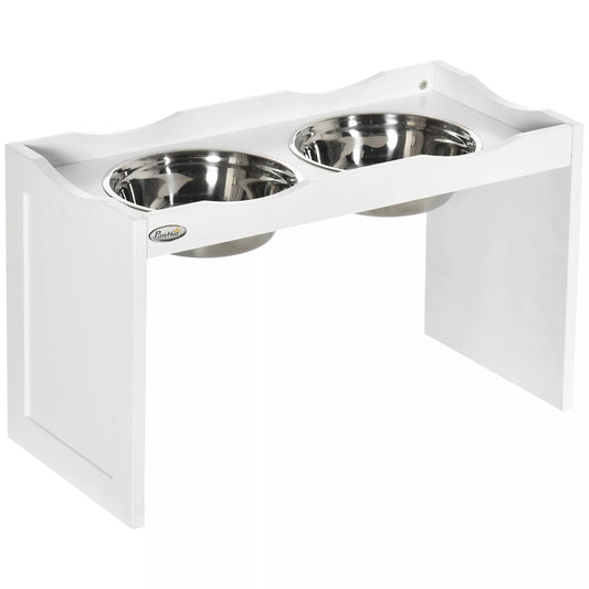 Maitinimo stotelė, stovas dubenėliams, 2 maitinimo dubenėliai po 2 litrus, nerūdijantis plienas, dideliems šunims, balta spalva, 63 x 30 x 24 cm