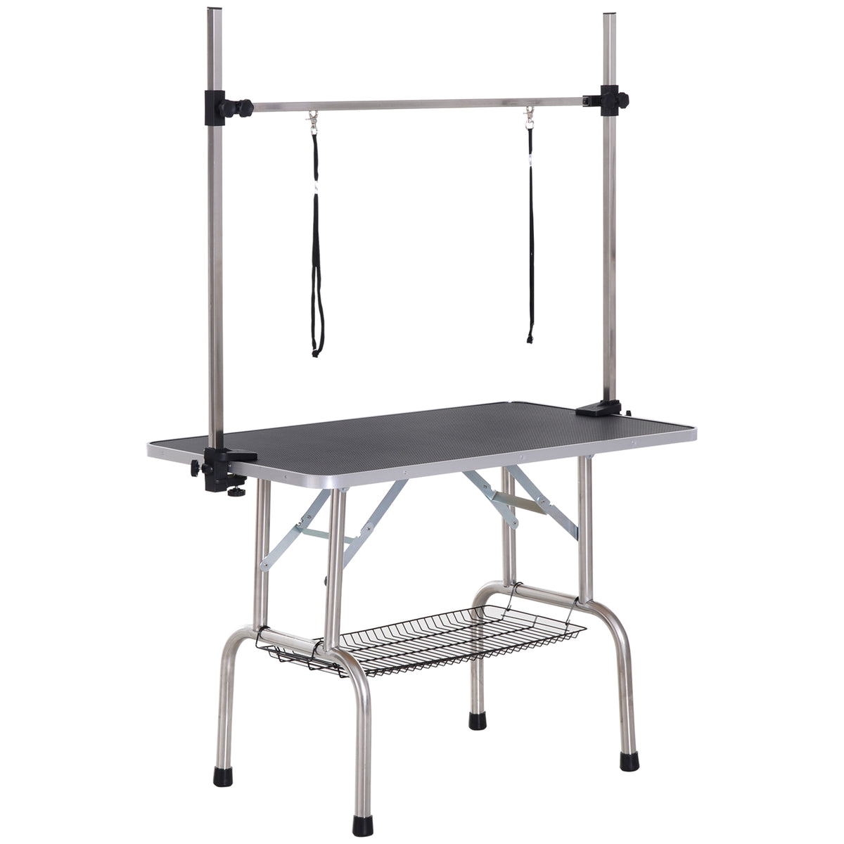 Kirpimo stalas šunims ir katėms 107x60 cm, sulankstomas, su laikikliu ir apatiniu krepšiu, iki 100 kg, juodas