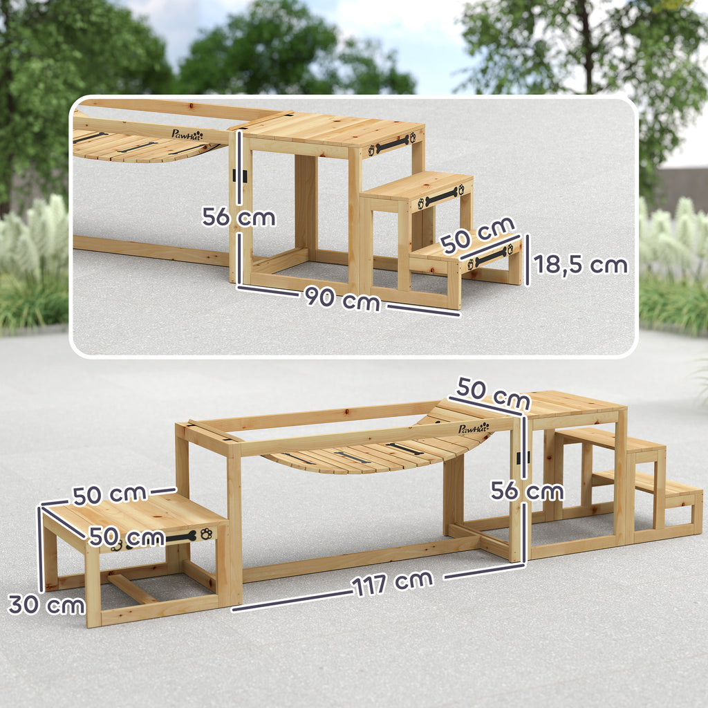 Agility rinkinys šunims: tiltelis, laiptai ir platforma, iš eglės medienos, iki 40 kg, natūralaus medžio spalvos