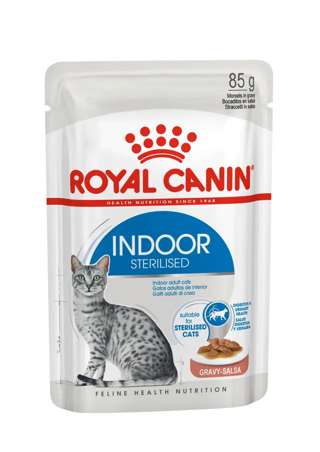 Indoor sterilized (padaže) drėgnas pašaras kambarinėms sterilizuotoms katėms Royal Canin (gabaliukai padaže)