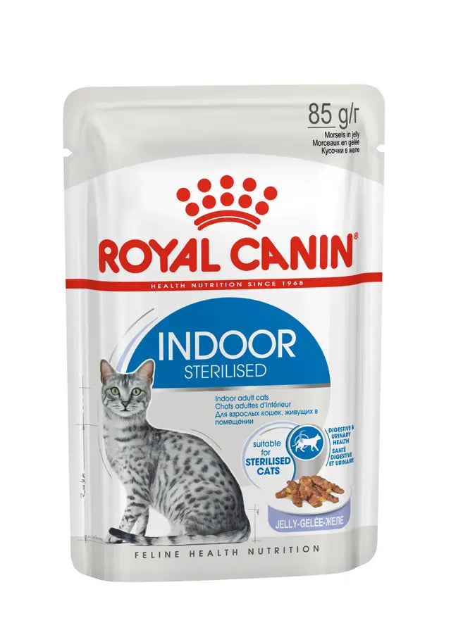 Indoor sterilized (želė) drėgnas pašaras kambarinėms sterilizuotoms katėms Royal Canin (gabaliukai želėje)