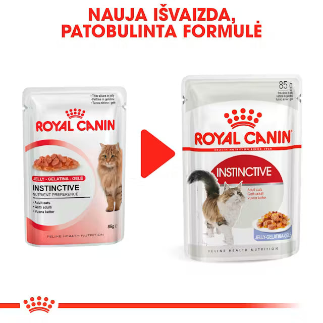 Instinctive drėgnas pašaras katėms Royal Canin (ploni griežinėliai drebučiuose) naujas pakuotės dizainas