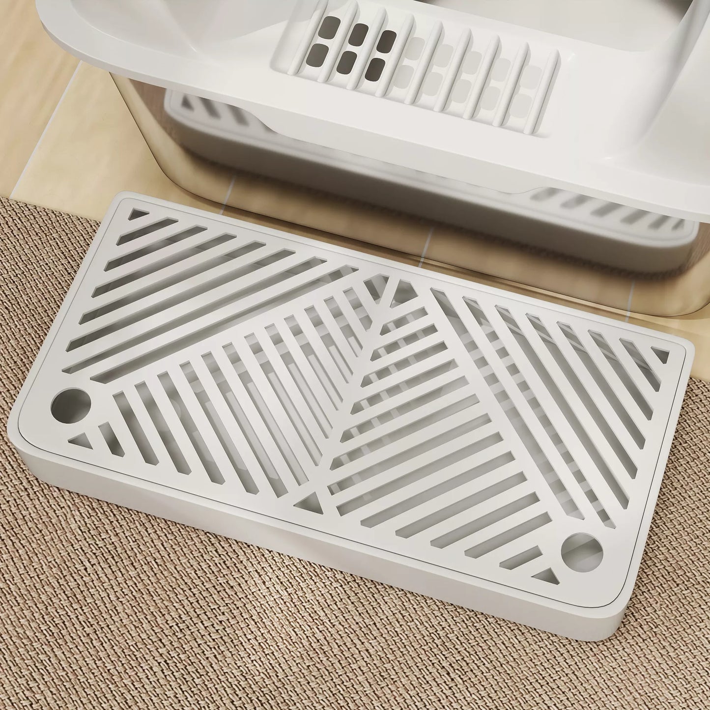 Cat litter box, stainless steel, high walls, storage box, light gray