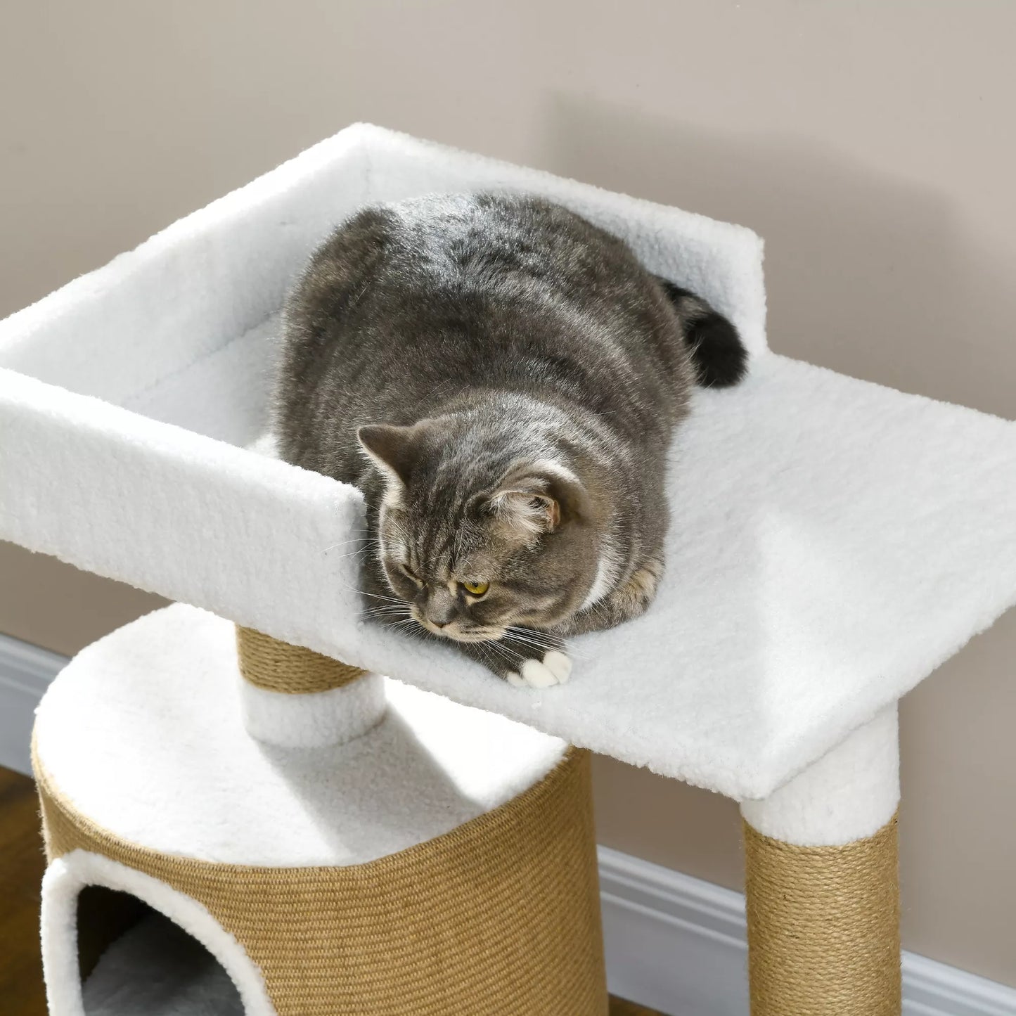 Kaķu skrāpēšanas stabs, 1 kaķu gulta, 1 guļamvirsma, 70 cm x 49 cm x 79 cm, dabīgs + balts