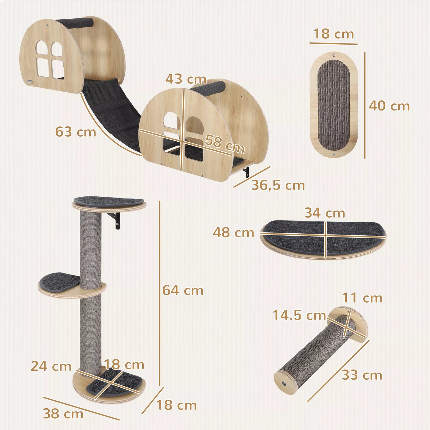 Kaķu kāpšanas siena, 7 daļu, kaķu kāpšanas sienas komplekts ar sizala stabu, kāpnēm, platformu, skrāpējamo stabu, pelēks