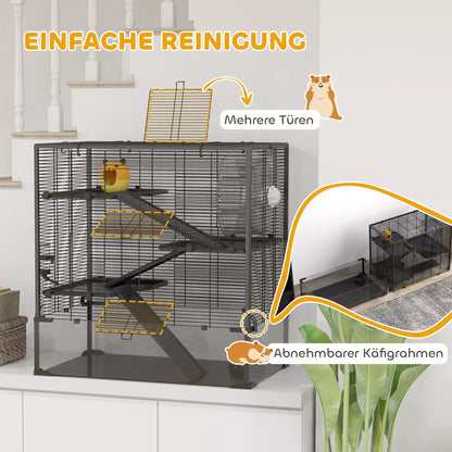 Hamsterio narvas su stikliniu dugnu, 4 pakopų žiurkėno voljeras su namelyje ir priedais, 78,5 ilgis x 48,5 plotis x 80 aukštis cm, juodas