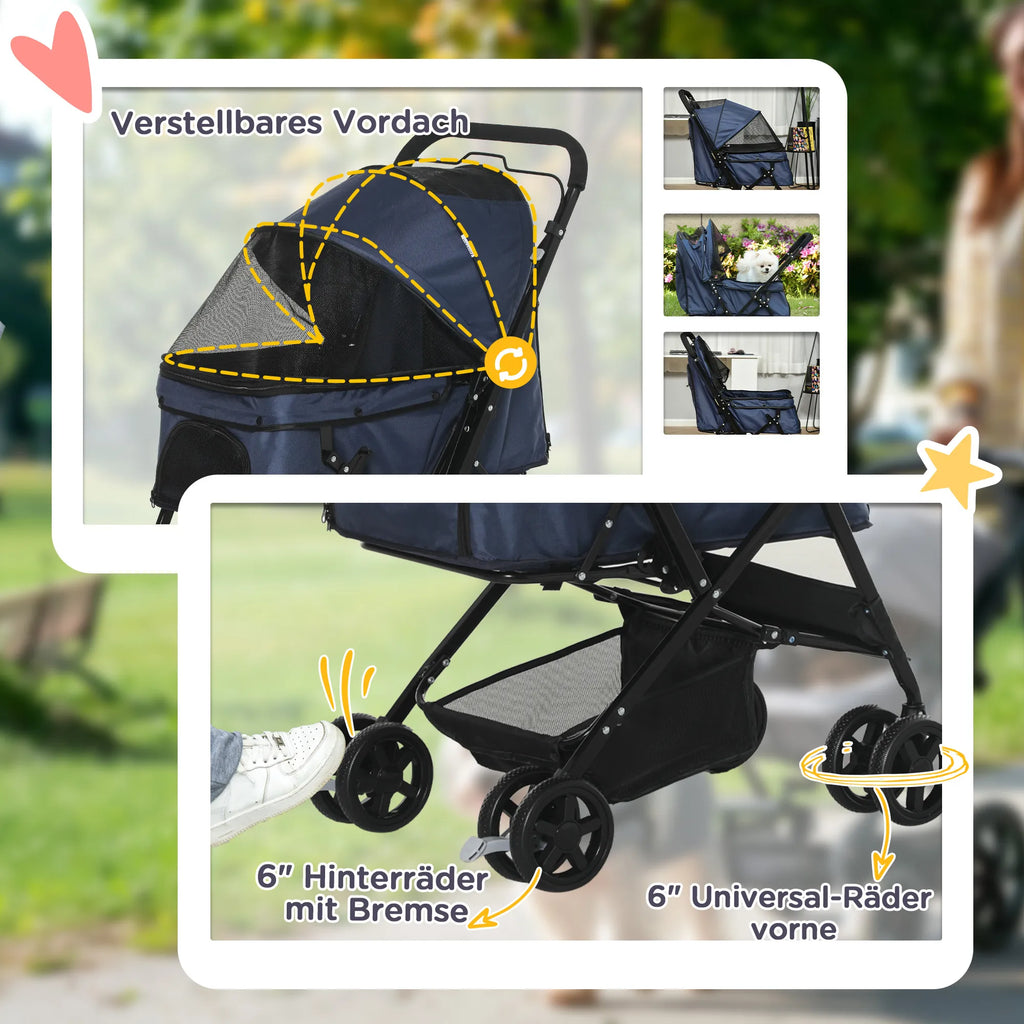 Suņu ratiņi līdz 10 kg, saliekami, ar regulējamu jumtiņu, nodalījumu apakšā, 2 bremzēm, drošības pavadu, zili