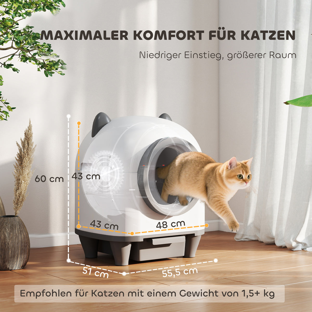 Savaime išsivalantis kačių tualetas 80 l, valdomas programėle, katėms 1–5 kg, baltas