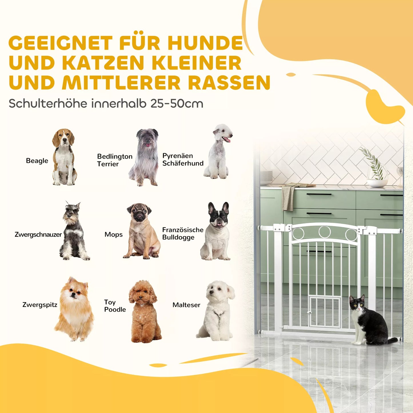 Mājdzīvnieku vārtiņi, 77 cm kāpņu vārtiņi, regulējams platums 76-104 cm, ar kaķu durvīm, kāpnēm un durvju ailēm, balti