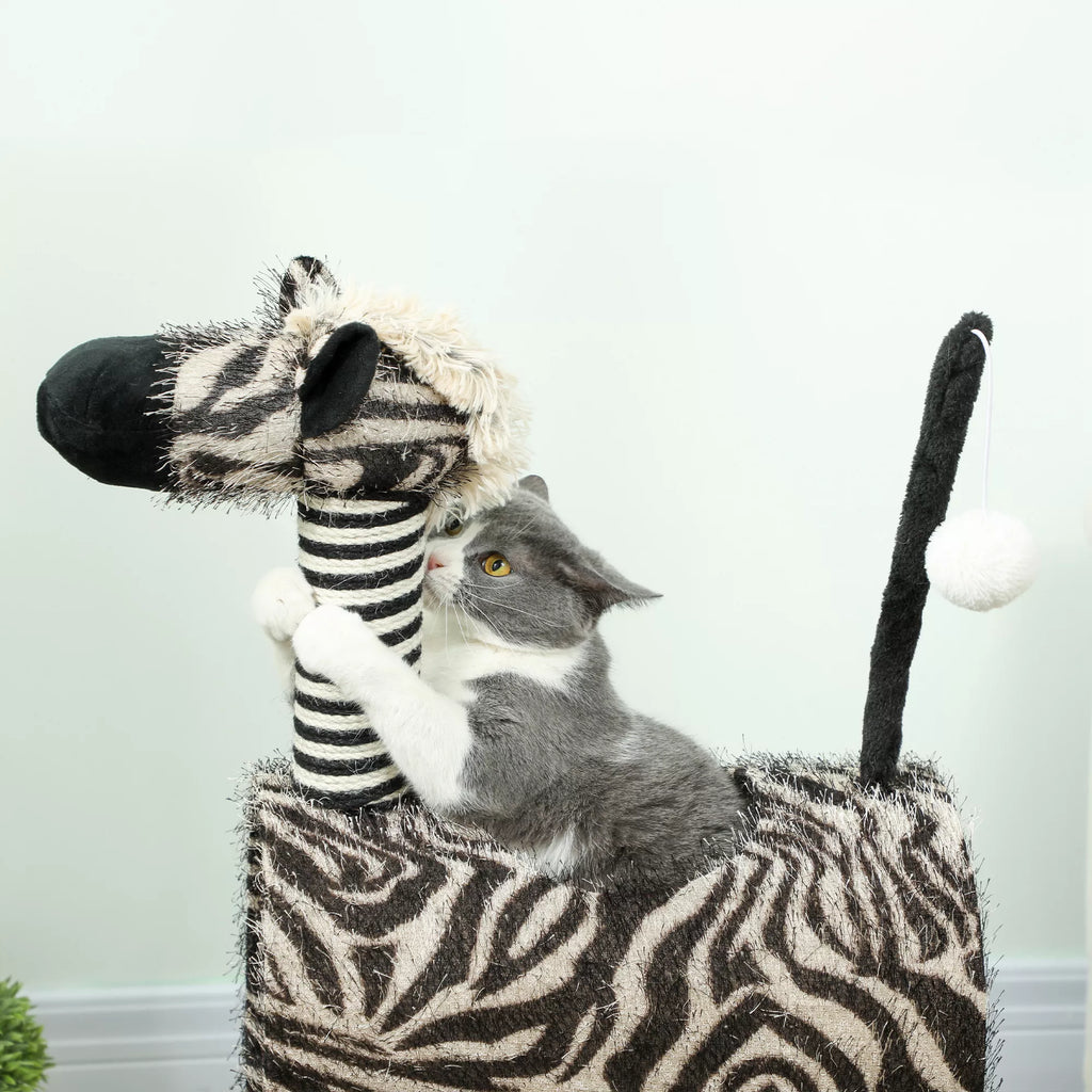 Kaķu mājiņa ar zebras rakstu, 1 kaķu tunelis, 3 skrāpējamie stabi 48,5 cm x 35 cm x 93 cm, melna + balta
