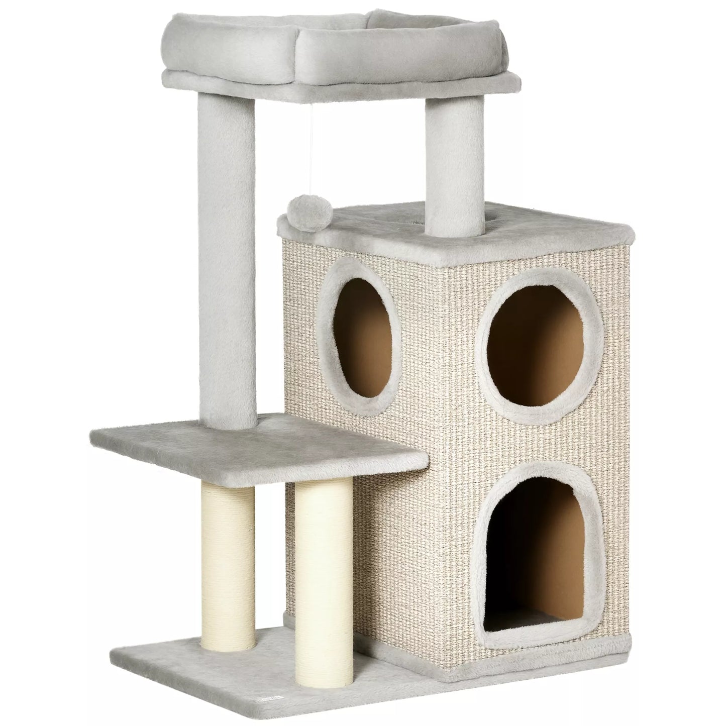 Cat tree with cat cave, cat bed and ball toy, 60 cm x 40 cm x 91 cm, light gray + natural