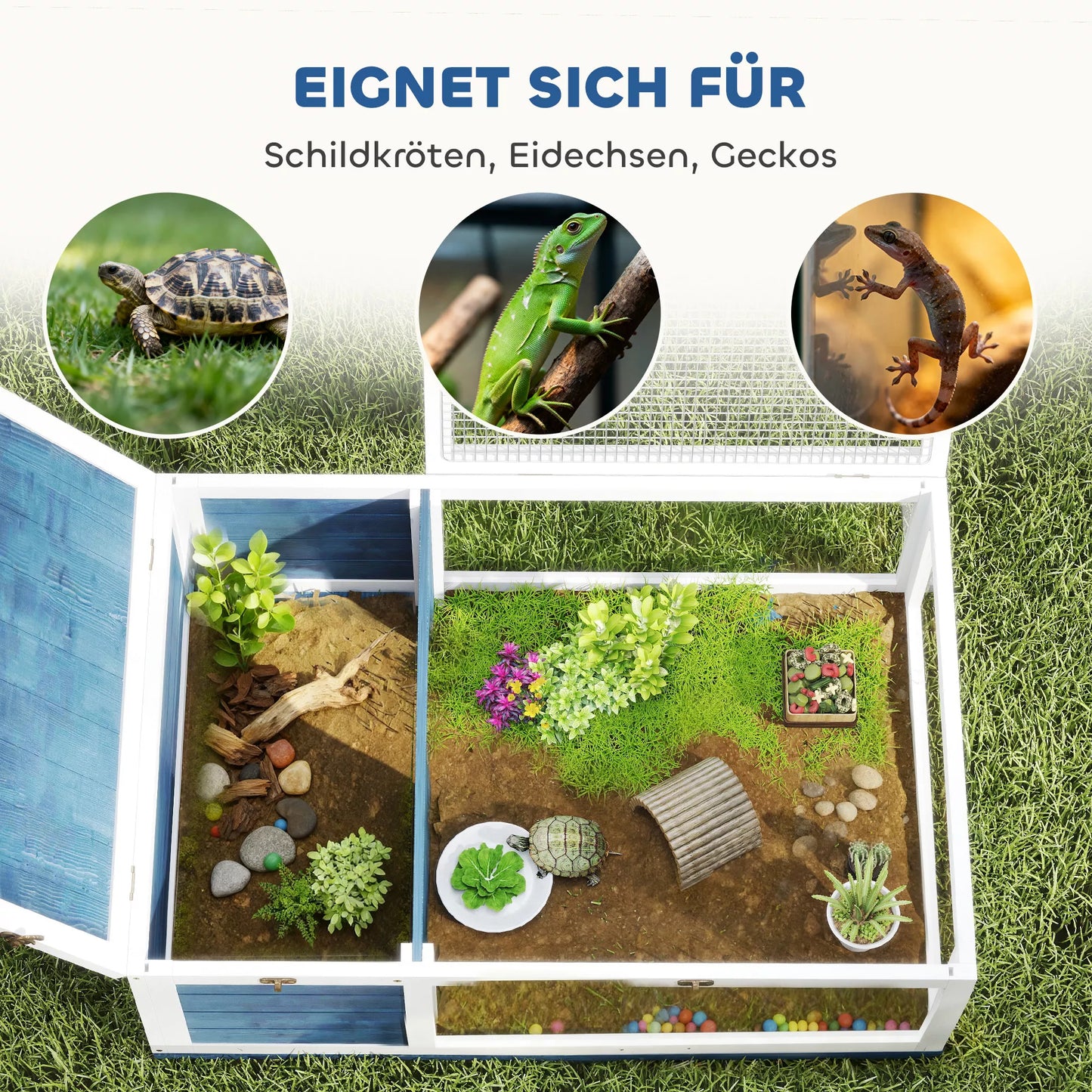 Medinis vėžlių namelis / aptvaras su atidaromu viršumi, 91x60,5x32 cm, mėlynas