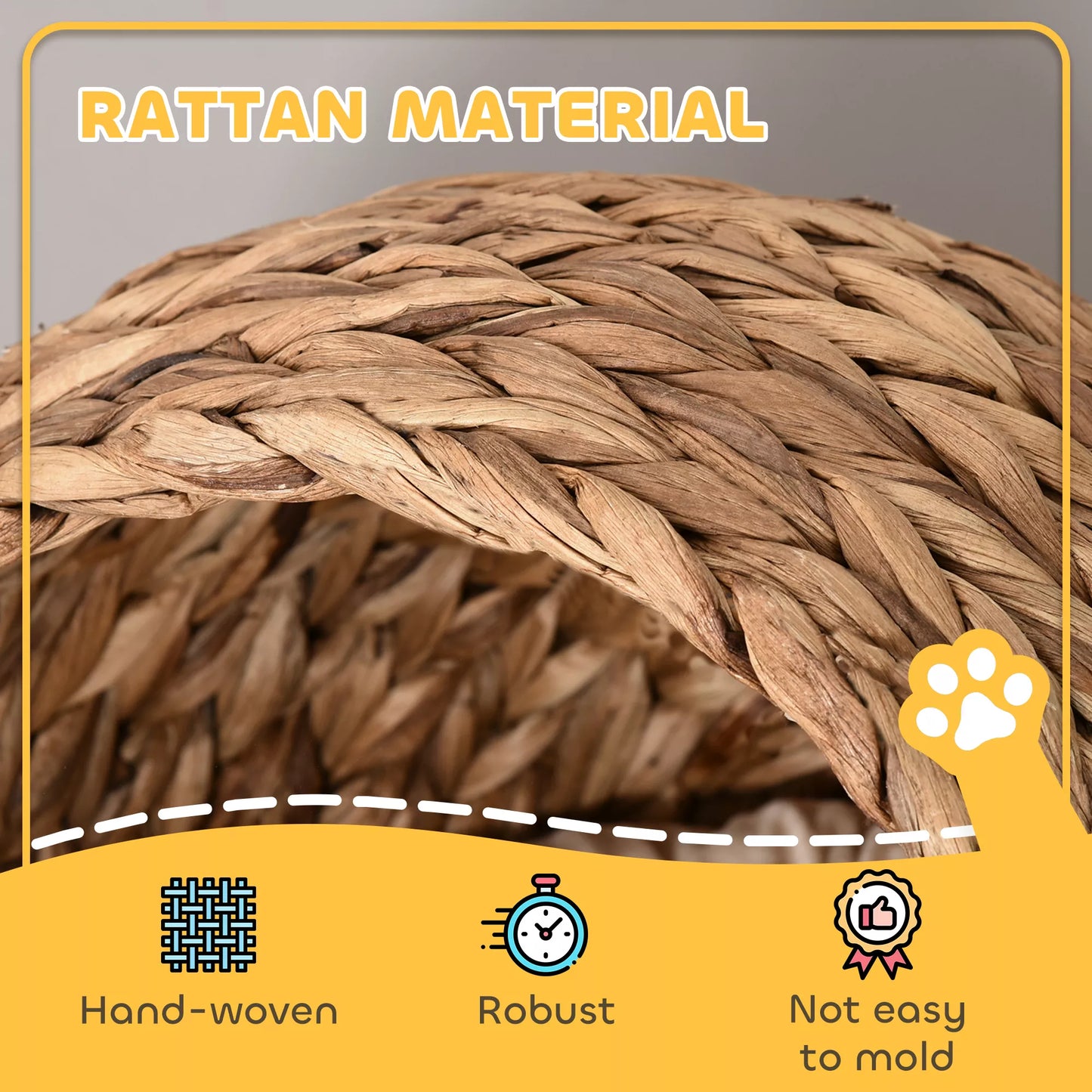 Rattan cat basket, cave, house, bed with cushion, pet bed, water hyacinth, brown, 50 x 42 x 60 cm