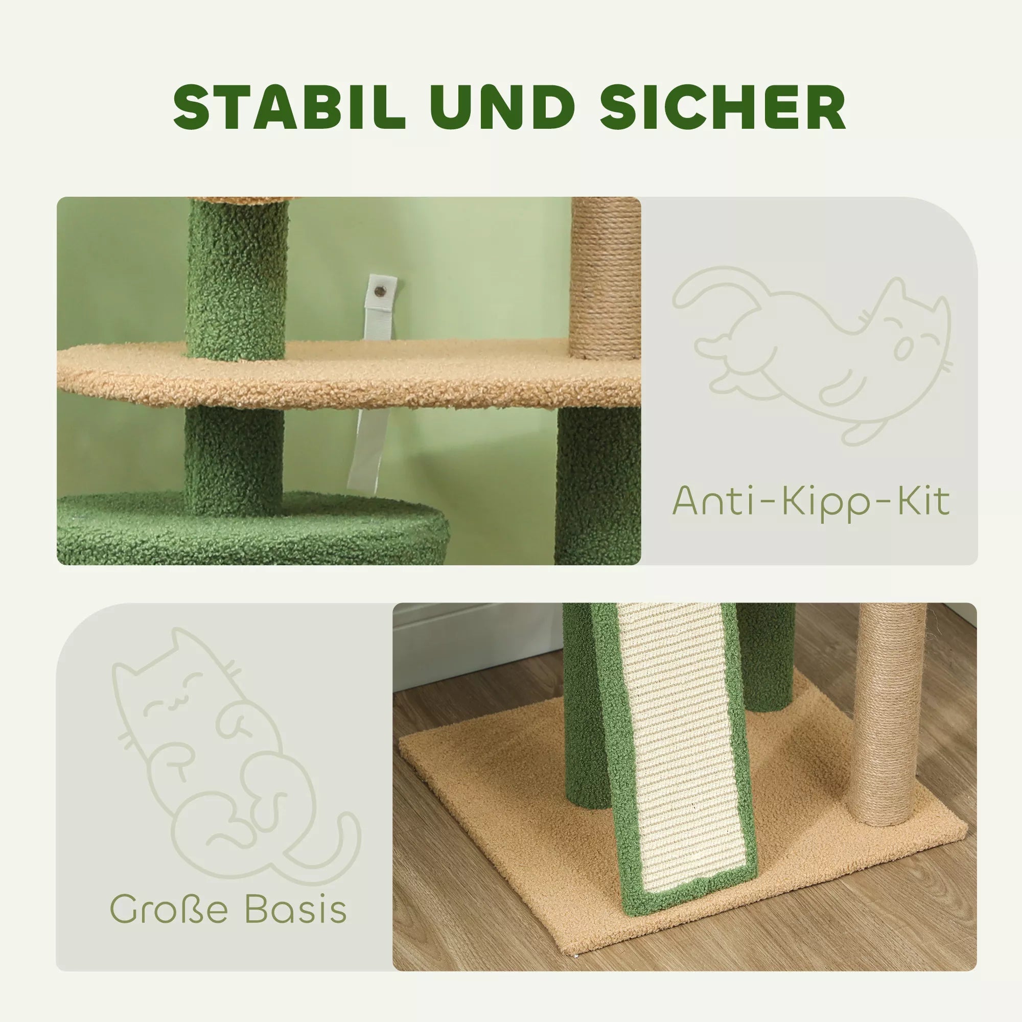 Aukšta kačių draskyklė-medis su nameliu ir platformomis, 139 cm (žalia)