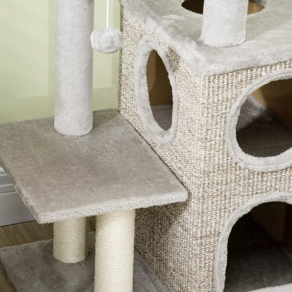 Cat tree with cat cave, cat bed and ball toy, 60 cm x 40 cm x 91 cm, light gray + natural