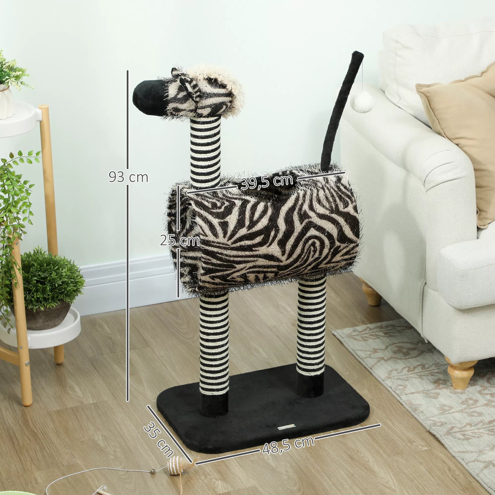 Kaķu mājiņa ar zebras rakstu, 1 kaķu tunelis, 3 skrāpējamie stabi 48,5 cm x 35 cm x 93 cm, melna + balta