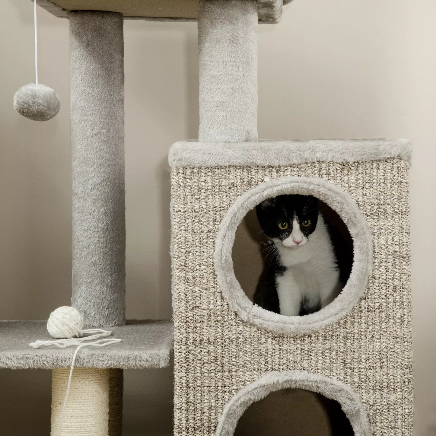 Cat tree with cat cave, cat bed and ball toy, 60 cm x 40 cm x 91 cm, light gray + natural