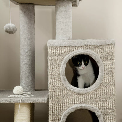 Cat tree with cat cave, cat bed and ball toy, 60 cm x 40 cm x 91 cm, light gray + natural