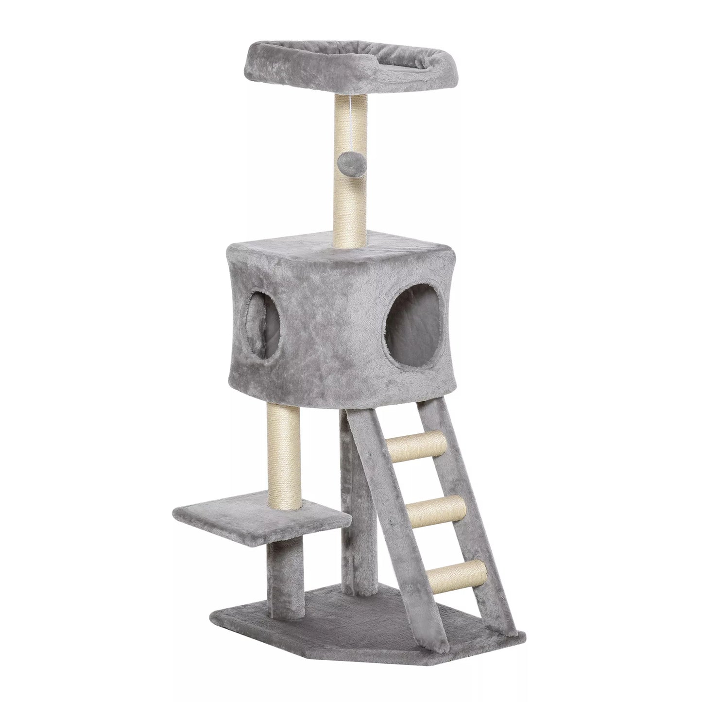 Cat tree 120 cm, Cat tower with cave, toy ball, sisal poles, platform, steps, multi-level cat scratching post, climbing tree for cats, light gray