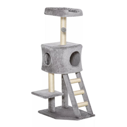 Cat tree 120 cm, Cat tower with cave, toy ball, sisal poles, platform, steps, multi-level cat scratching post, climbing tree for cats, light gray