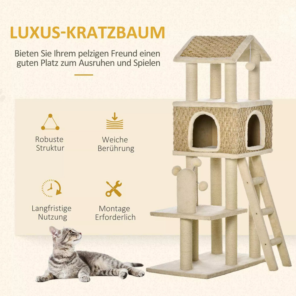 Ar kaķa mājiņu, ieskaitot rotaļlietu. Sizals, plīša audums. Haki + bēša + kafijas krāsas.