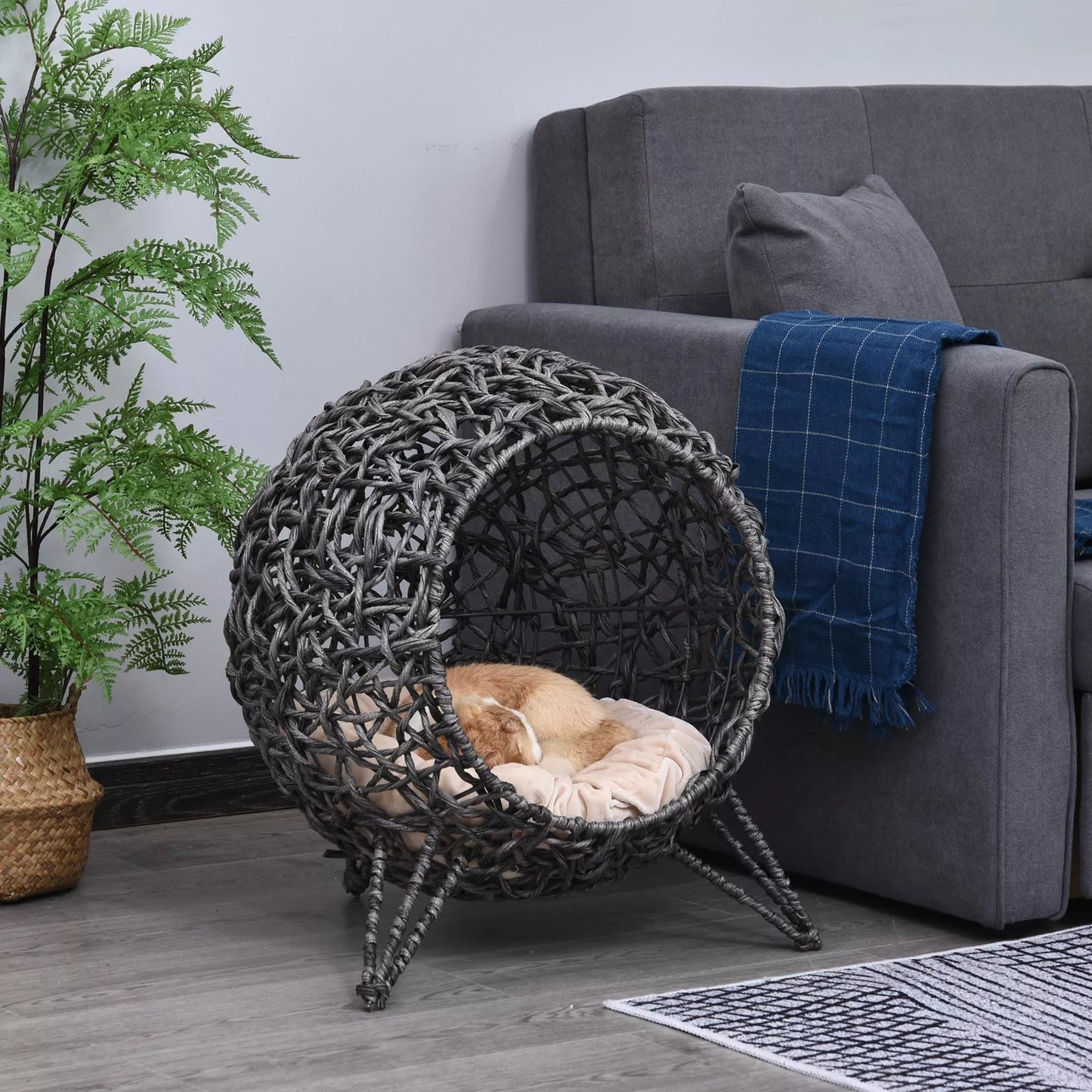 Rattan cat house with cushion, cat sleeping place, cat bed with raised legs, silver gray, Ø52 x 58 cm