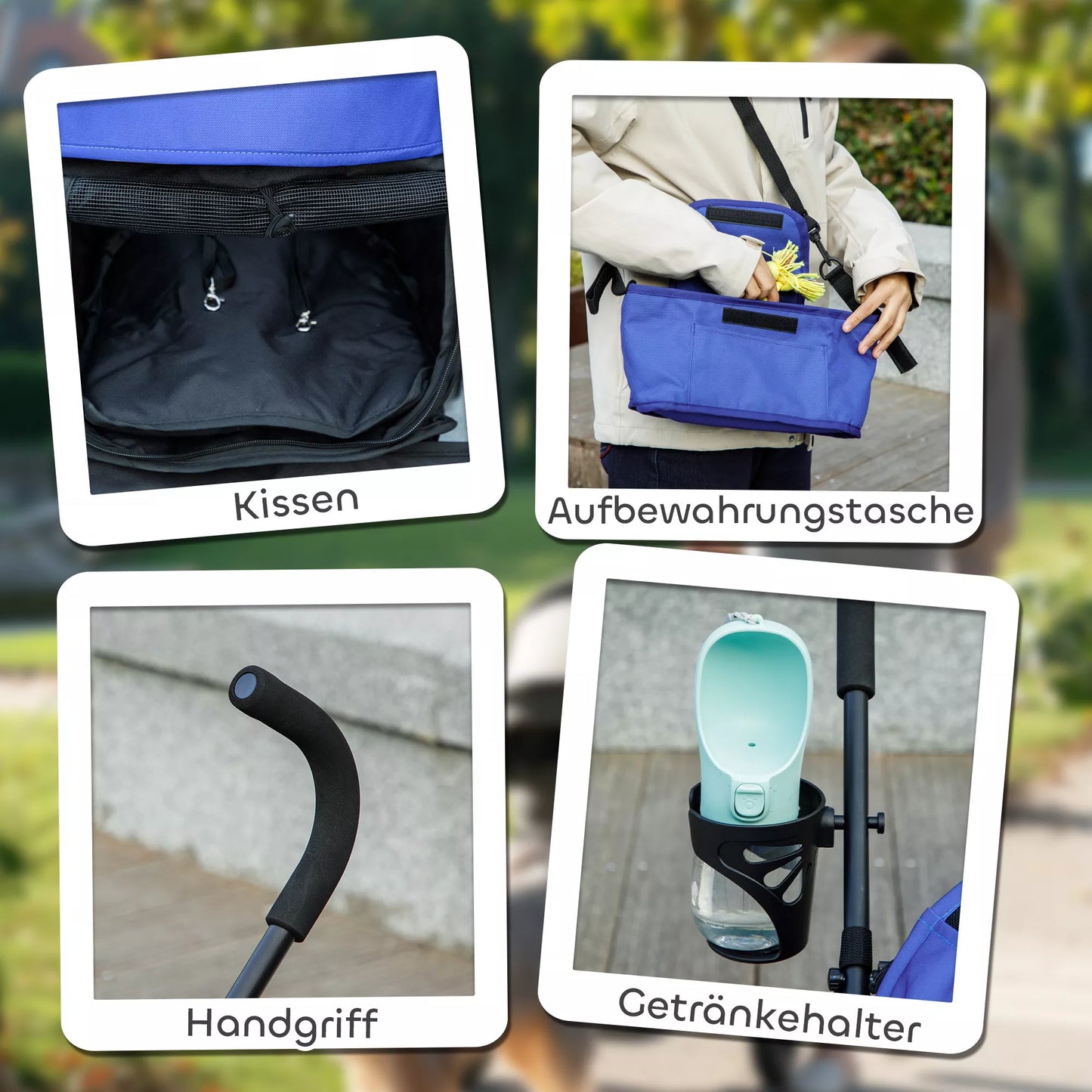 Mājdzīvnieku ratiņi, drošības jostas, sieta logs, 76 cm platums x 44 cm dziļums x 103 cm augstums, tumši zili