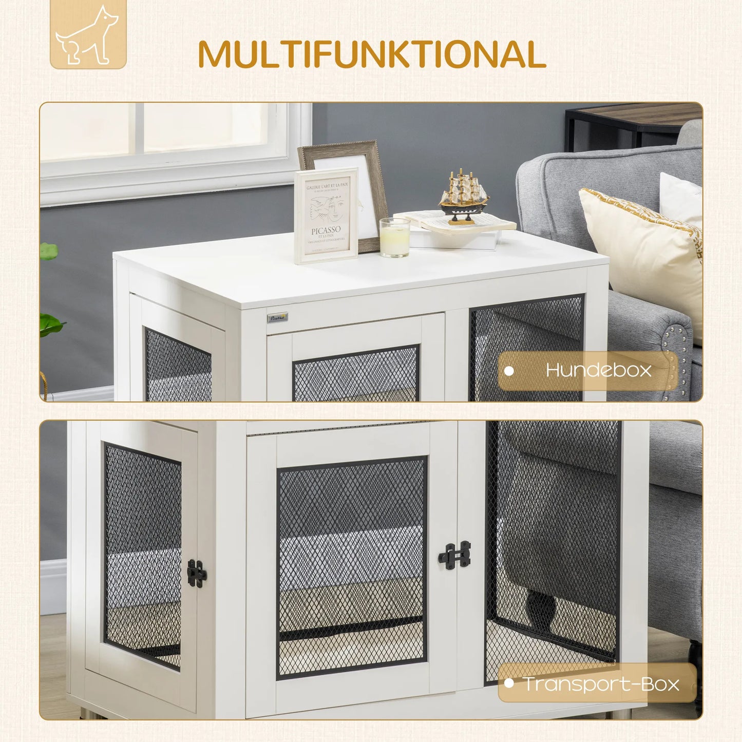 Suņu būris ar mīkstu paklājiņu, 2 durvis, slēdzams, tērauda, ​​balts, 94 x 60 x 71,5 cm