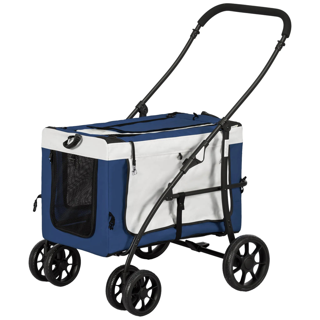 Suņu ratiņi, mājdzīvnieku ratiņi, mājdzīvnieku pārvadātājs līdz 10 kg, salokāmi, regulējami rokturi, noņemams grozs, 81 x 58 x 97,5 cm, melni + zili + balti