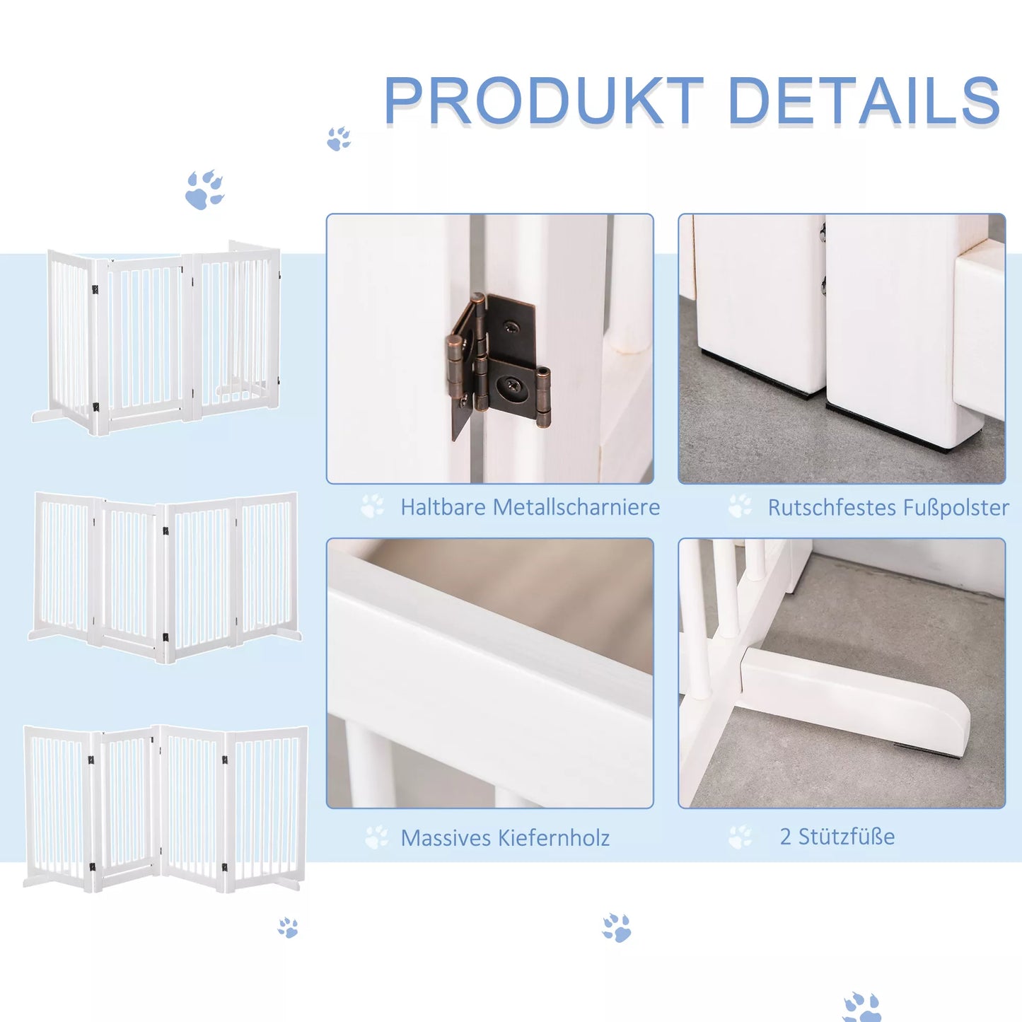 Apsauginiai varteliai šuniui, 4 dalių, 220 x 91 cm, sulankstomi, apsauginiai varteliai su durelėmis, laisvai pastatomi šunų varteliai su 2 atraminėmis kojelėmis, mediniai laiptų varteliai koridoriui, virtuvei, laiptams, balti