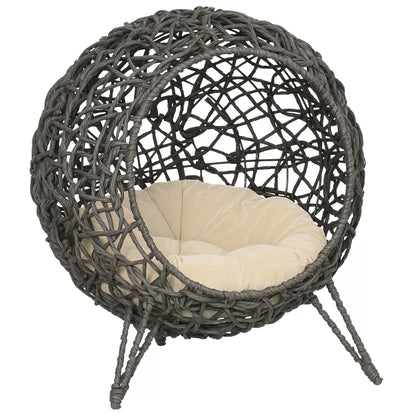 Rattan cat house with cushion, cat sleeping place, cat bed with raised legs, silver gray, Ø52 x 58 cm