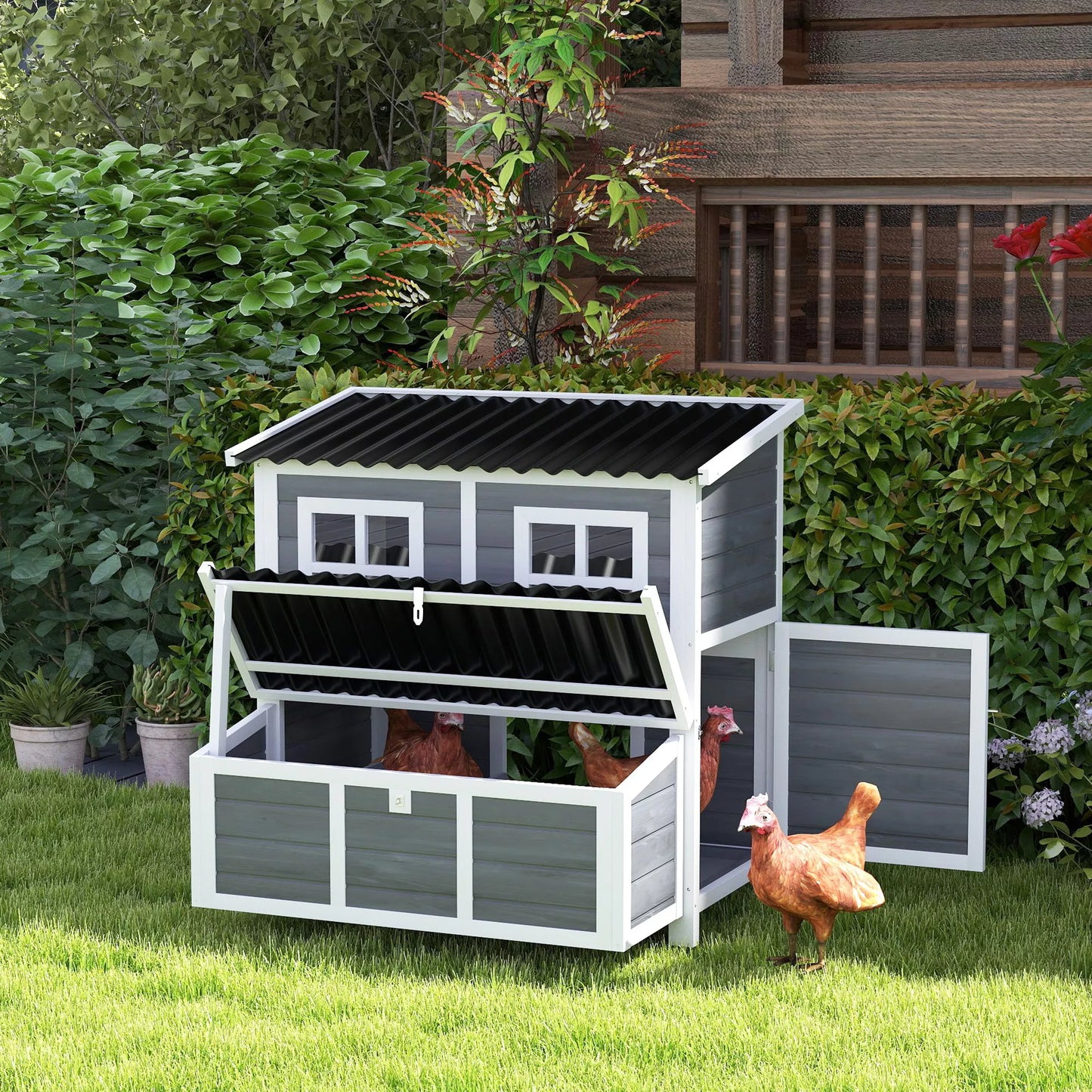 Chicken coop with nesting box for 4-6 chickens, waterproof roof, spruce wood, plastic, 100 x 86 x 100 cm, light gray