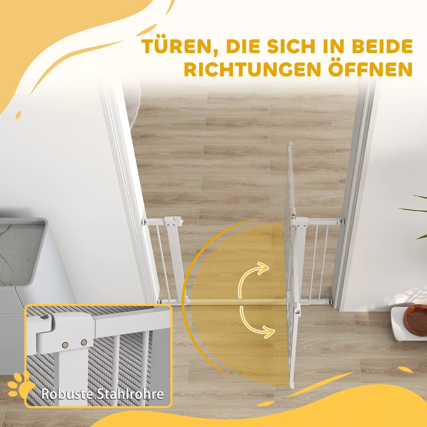 Mājdzīvnieku vārtiņi, 77 cm kāpņu vārtiņi, regulējams platums 76-104 cm, ar kaķu durvīm, kāpnēm un durvju ailēm, balti