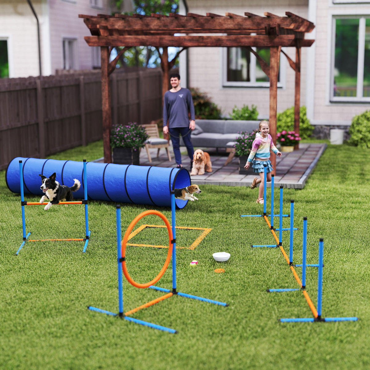Agility rinkinys šunims, 8 dalių, su tuneliu, slalomo stulpais, reguliuojamais barjerais ir šuolių lanku, oranžinis