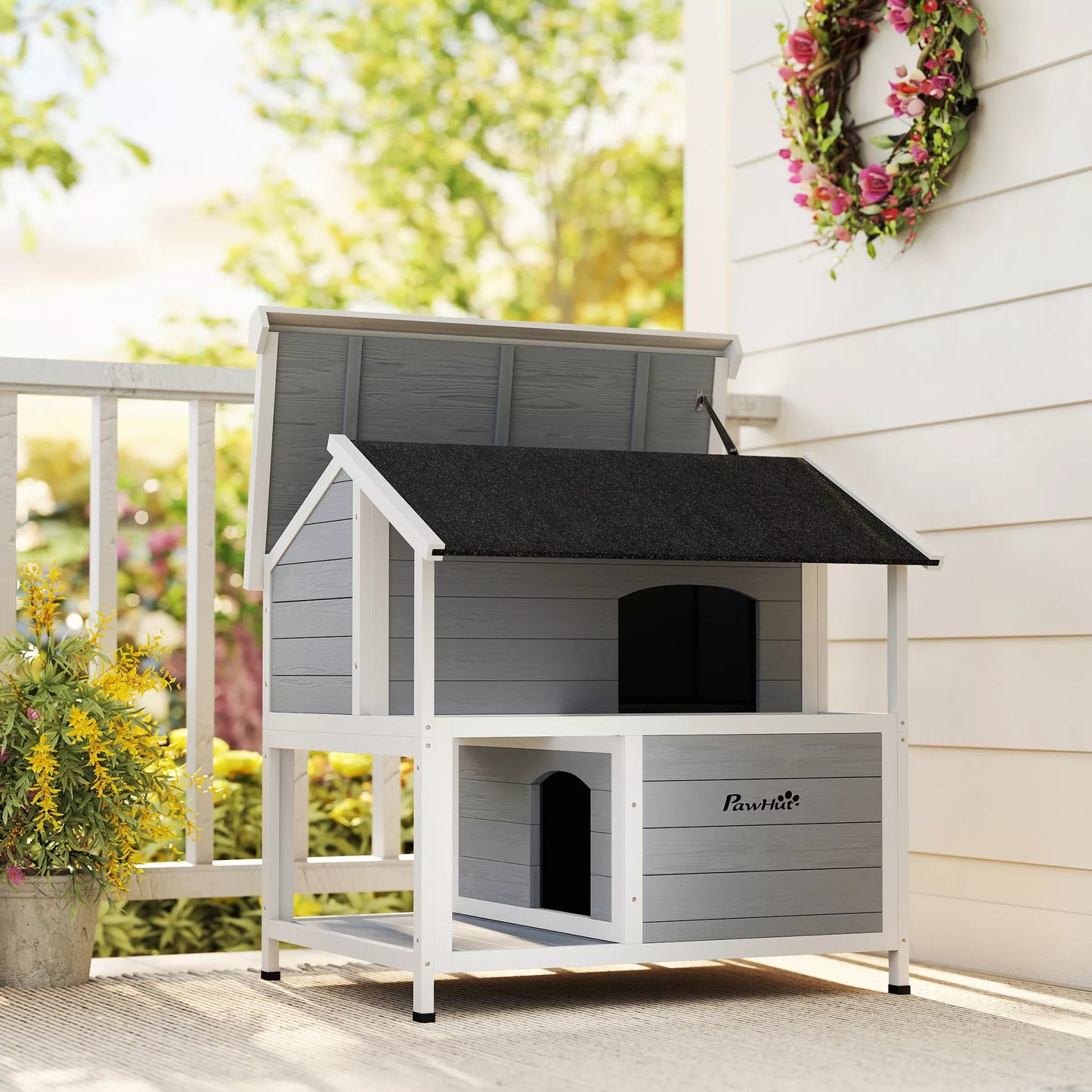 Outdoor cat house, outdoor shelter, waterproof, opening roof, fir wood, 80 x 93 x 95, gray