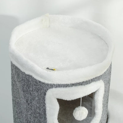 101 cm kaķu tornis, 3 līmeņi, 3 guļamvietas, rotaļu bumbiņas, skrāpējamais stabs, sizala materiāls, skaidu plāksne, pelēks