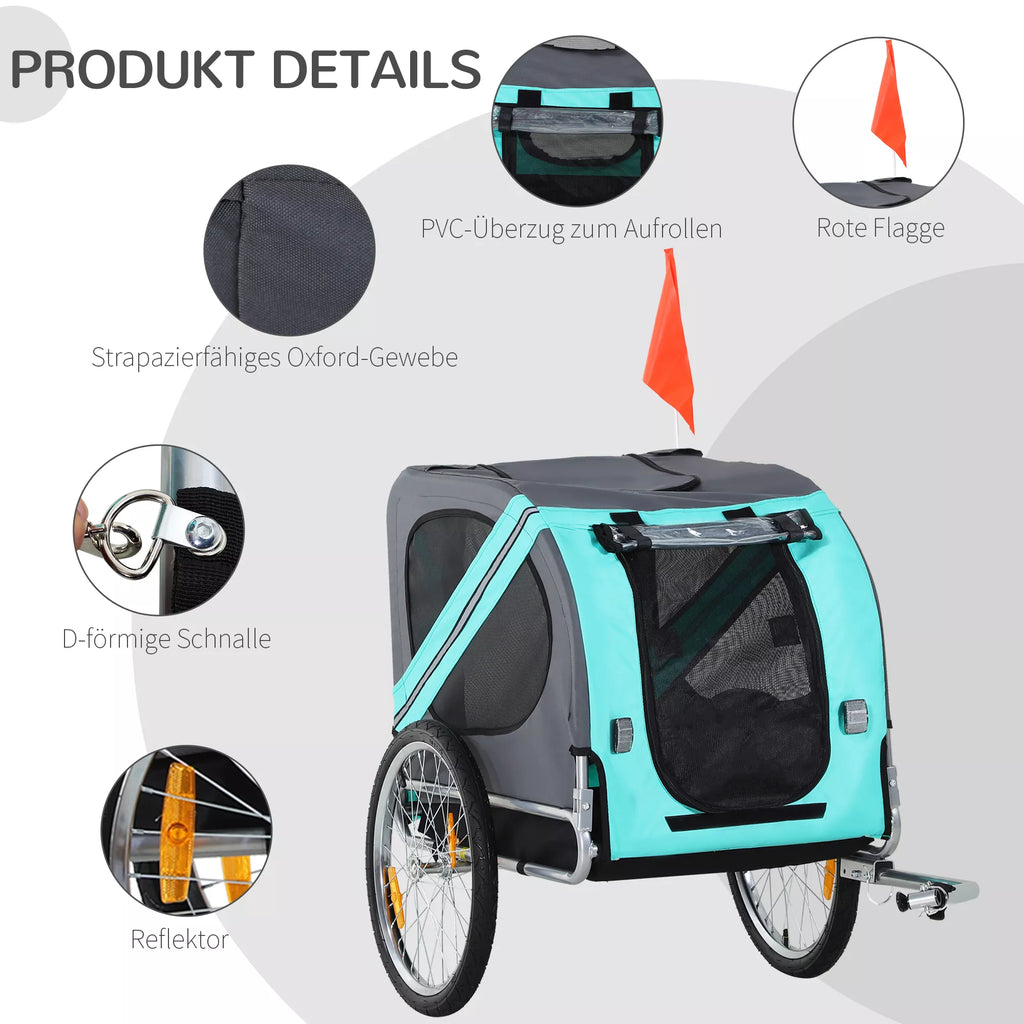 Mājdzīvnieku piekabe suņiem, velosipēda piekabe līdz 20 kg, salokāma, ar atstarotāju, lietus pārsegs, tērauds, pelēka + zaļa, 130 x 73 x 90 cm