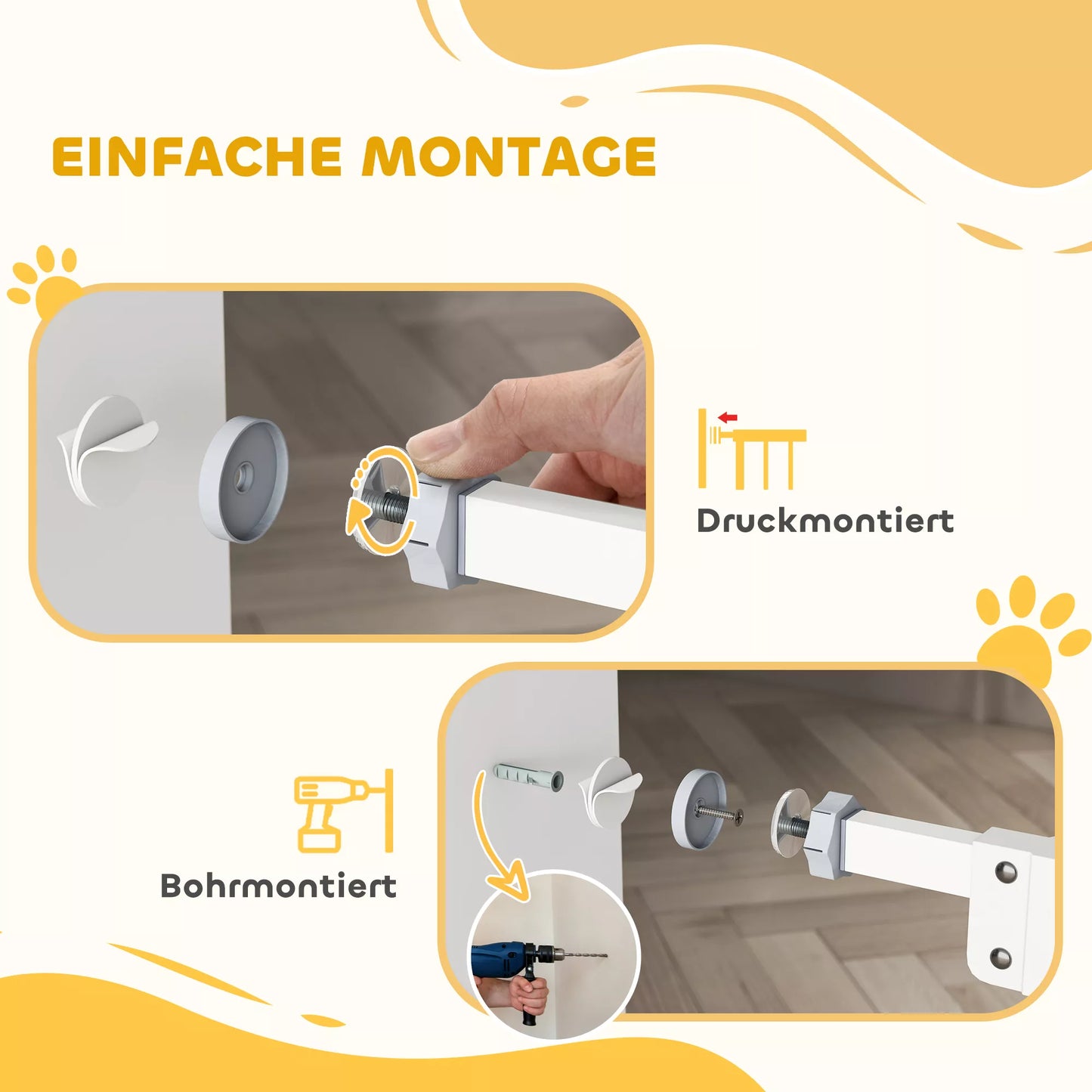Drošības vārtiņi ar kaķu durvīm, uzstādīšana bez urbšanas, regulējams platums 74-80 cm, atveras ar vienu roku, metāla, balti
