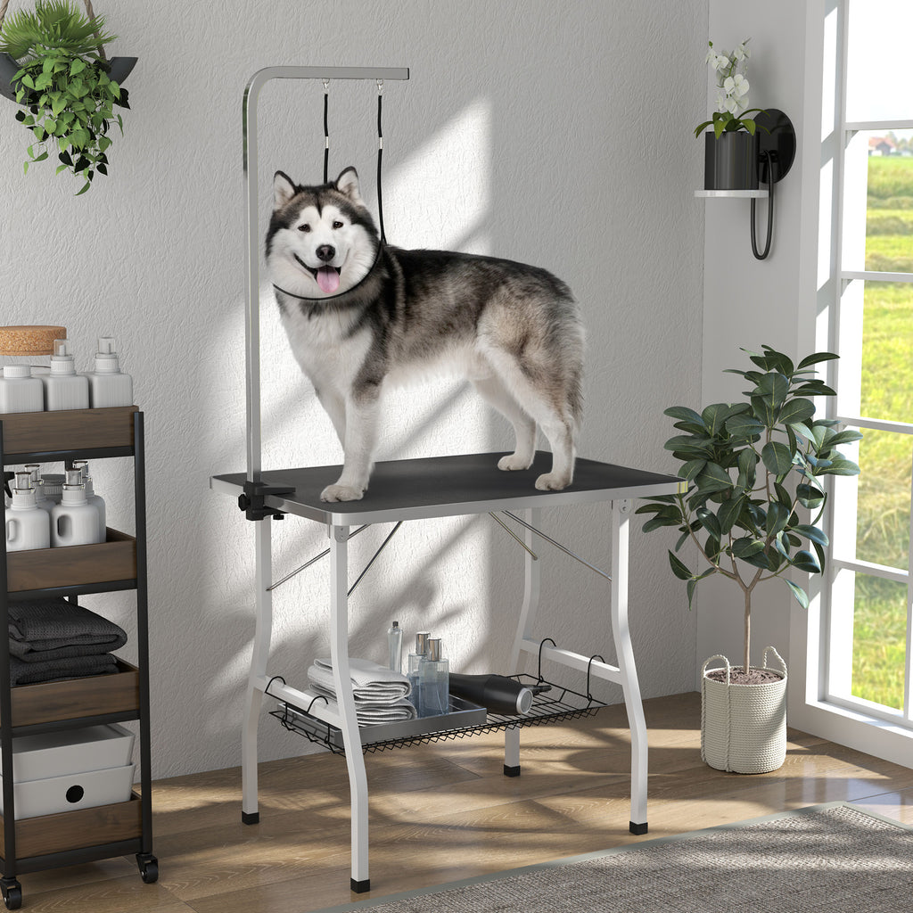 Kirpimo stalas šunims su reguliuojamu laikikliu ir lentyna, 90x60x76 cm, iki 40 kg, juodas