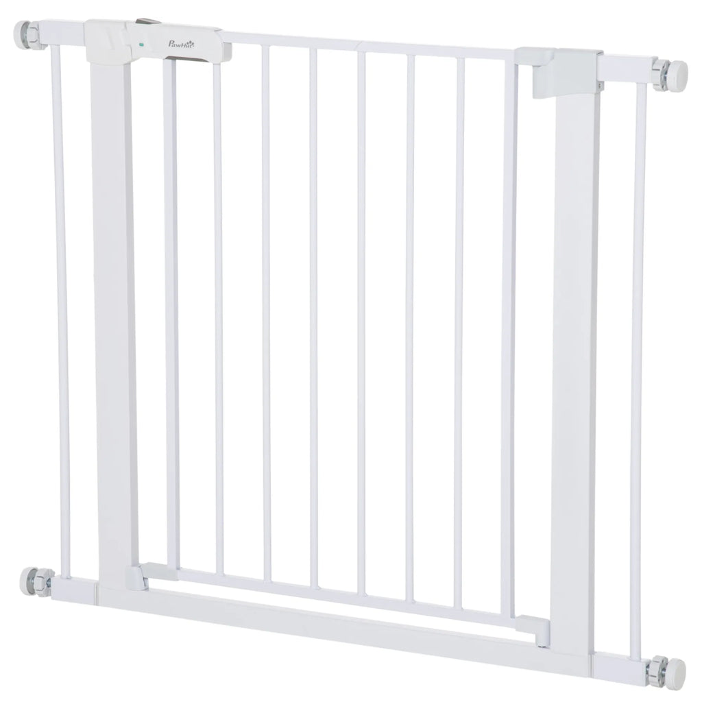 Apsauginiai varteliai, montuojami be gręžimo, reguliuojamas plotis 75-96 cm, atidaromi viena ranka, metaliniai, balti, automatiškai užsidarantys kūdikių apsauginiai varteliai